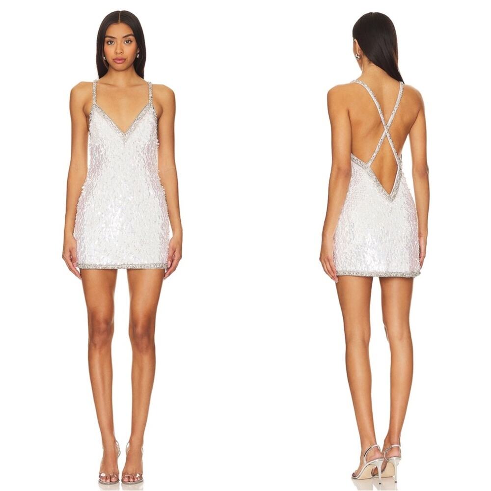 RETROFETE Ivana Feather Sequin Crystal Embellished Cross Back Mini Dress Size L